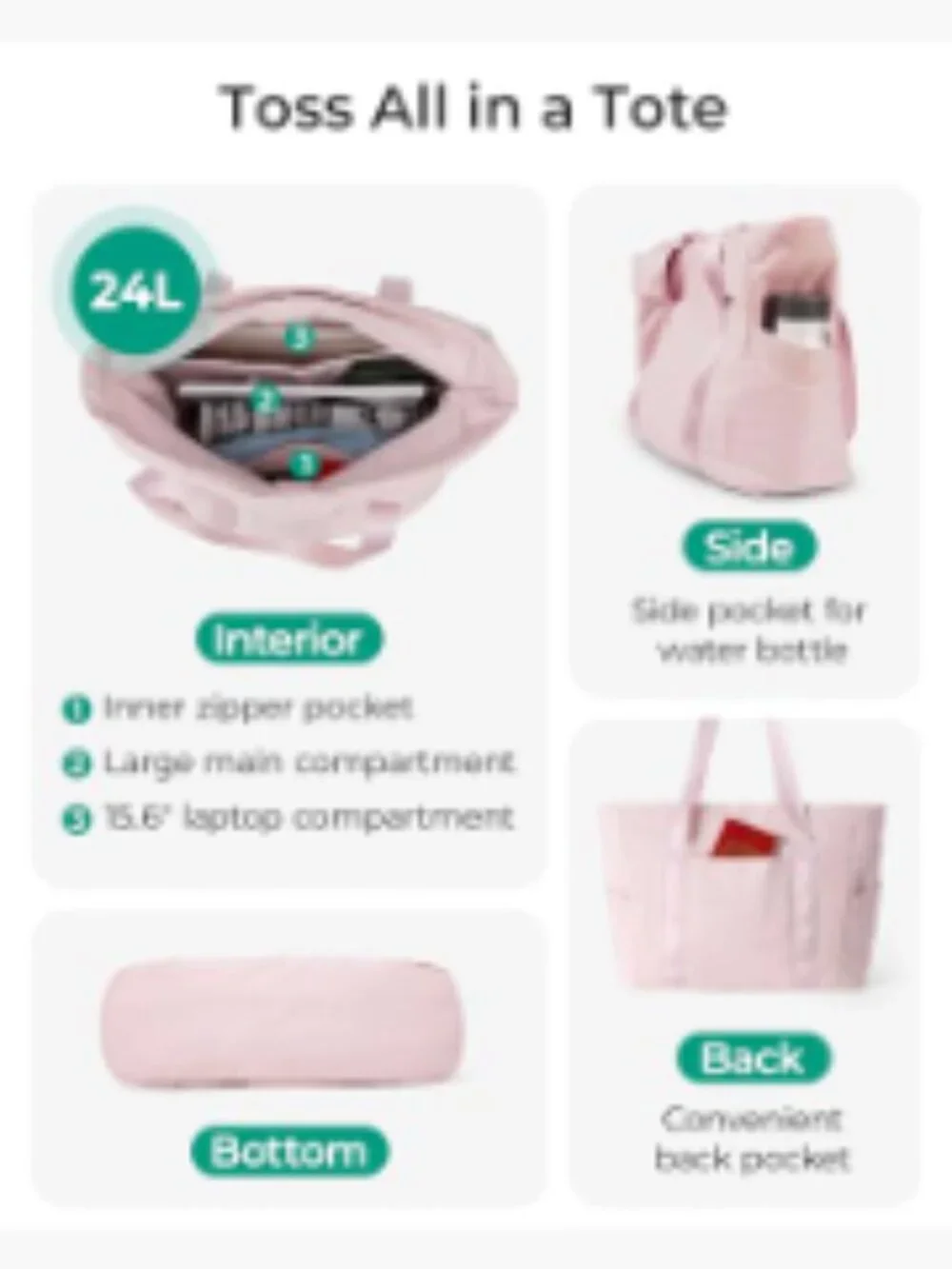 Large Lightweight Nylon Work Tote with Laptop Sleeve & Yoga Mat Strap